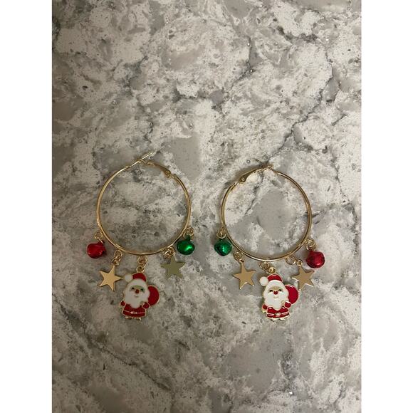 Christmas Santa Claus & Star Drop Earrings Hoop red gold green - NEW - Picture 1 of 3